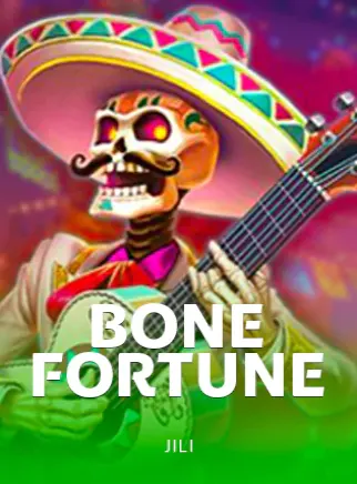 ปกเกมสล็อต Bone Fortune ค่าย Jili โครงกระดูกสวมหมวกซอมเบรโรถือกีตาร์ ในหน้าแรก